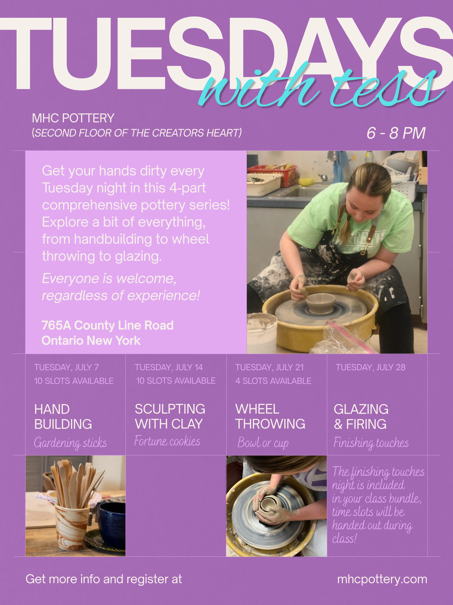 Promotional flyer for 'Tuesdays with Tess' pottery class at MHC Pottery.
